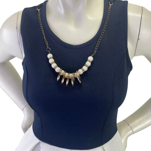 Fashion Magazine Vntg 80s Sleeveless Mini Dress Navy White Scoop Neck Fit Flare - Picture 10 of 14